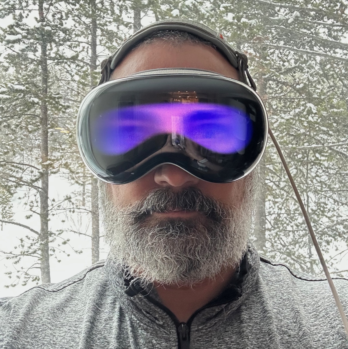 Joe Pantuso, Vision Pro on, in a snowy Montana forest